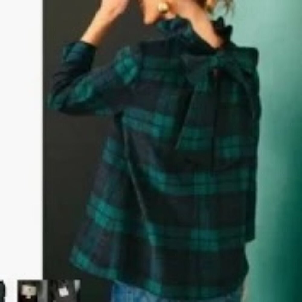 NEW NWT Tuckernuck Blackwatch Faye Blouse Green Navy Plaid Ruffle Tie Prep XS - Picture 4 of 14